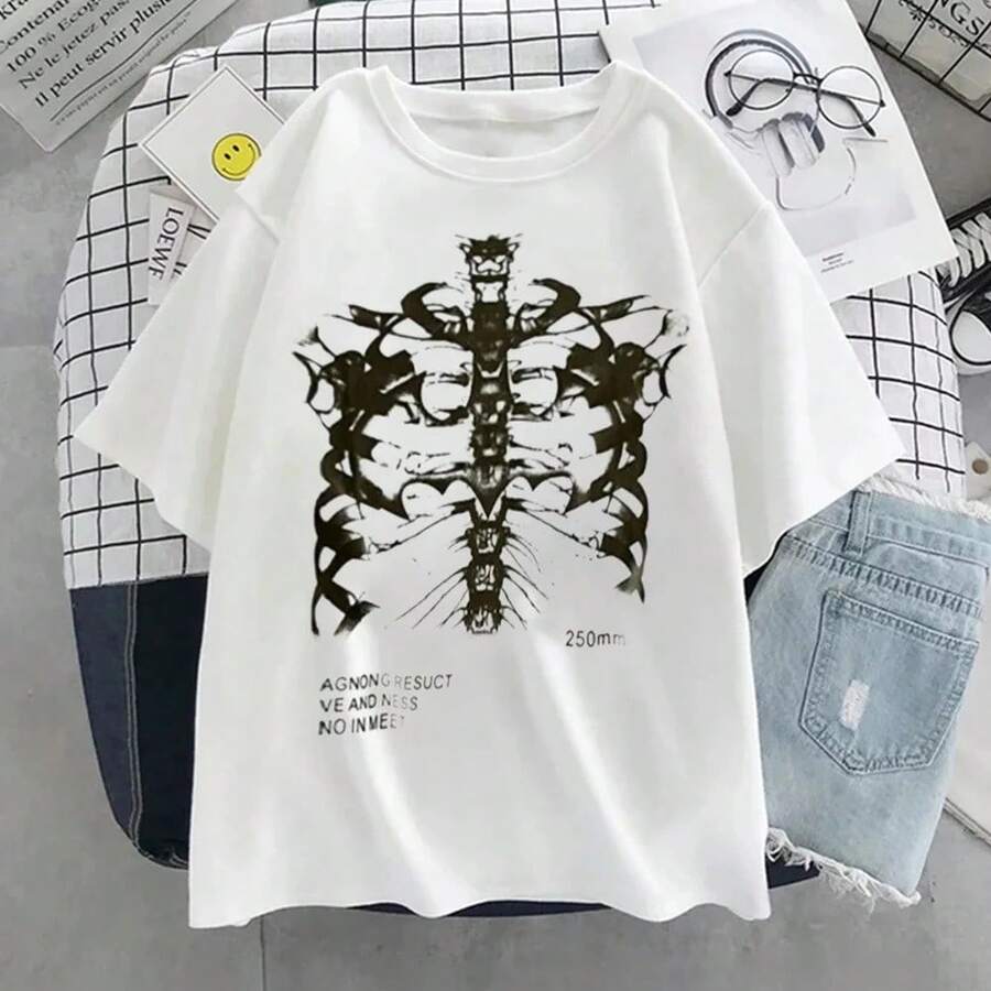 Y2k Harajuku Skeleton Print T-Shirts For Men And Women, Hip Hop Style Cotton Streetwear, Summer Short Sleeve T-Shirts, Gothic Clothing For Ladies. - 白色 - 查看 1