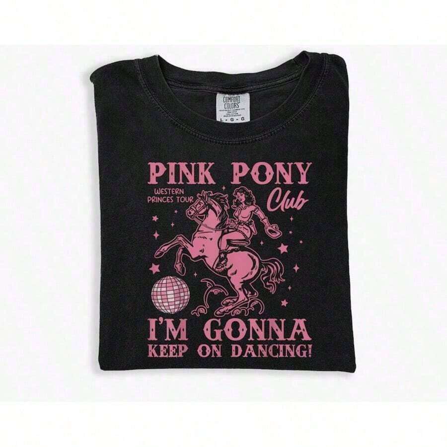 Camiseta personalizada del Pony Club rosa, camiseta con la frase 'Voy a seguir bailando', camiseta Pride Music, camiseta Western Princess Tour - Camiseta unisex de estilo callejero vintage, de algodón, manga corta, cuello redondo y corte holgado. - Negro - Ver 1