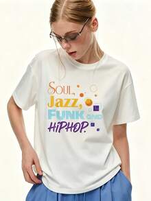 Camiseta de gran tamaño para mujer de 180g con estampado de Jazz, Funk y-Hop, camiseta casual de manga corta, top de verano de corte holgado, adecuada para reuniones familiares y regalos de building, moda de  2024 - Camiseta unisex de algodón holgada de manga corta y cuello redondo estilo vintage urbano. - Blanco - Ver 7