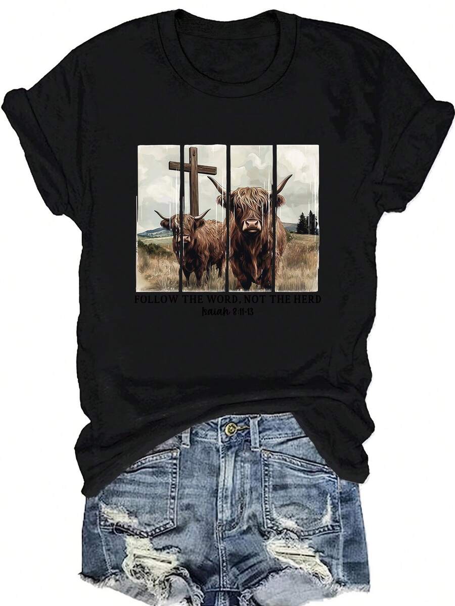 Camiseta de mujer, camiseta de verano con estampado de oso yak, ajustada, de cuello redondo, de moda, de manga corta. - Negro - Ver 1