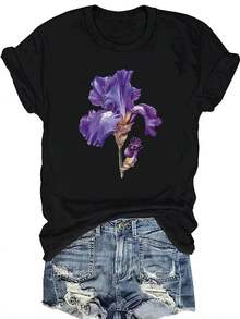Camiseta de mujer, camiseta de verano con estampado floral, ajustada, de cuello redondo, a la moda, de manga corta. - Negro - Ver 7