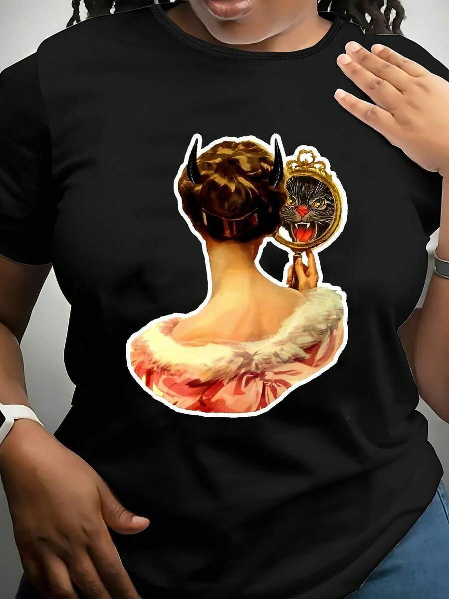 Talla - Talla - Camiseta negra de talla para mujer, estampada con motivos vintage de gato y femeninos - Top de cuello redondo suave y cómodo, adecuado para uso casual en primavera, verano y otoño, diseño animado y divertido, camiseta de uso casual. | Top estampado vibrante | Camiseta de Tela Suave - Estilo Urbano Vintage Unisex, Holgada, de Algodón, Manga Corta, Cuello Redondo - Negro - Ver 1