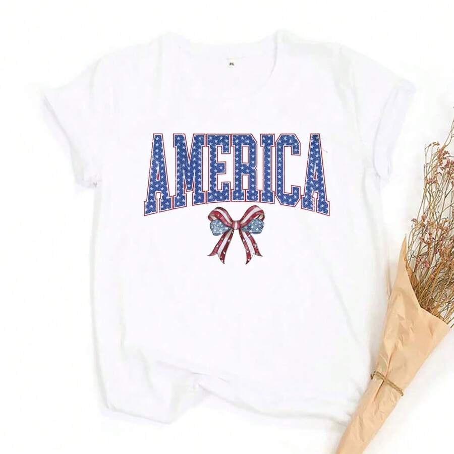 Camisetas de Mujer "In My American Mama Era" con Lazo Coqueta, Camiseta para el 4 de Julio, Tops de Mujer para el Día de la Independencia, Camisetas Coqueta Estilo Cowgirl - Blanco - Ver 1
