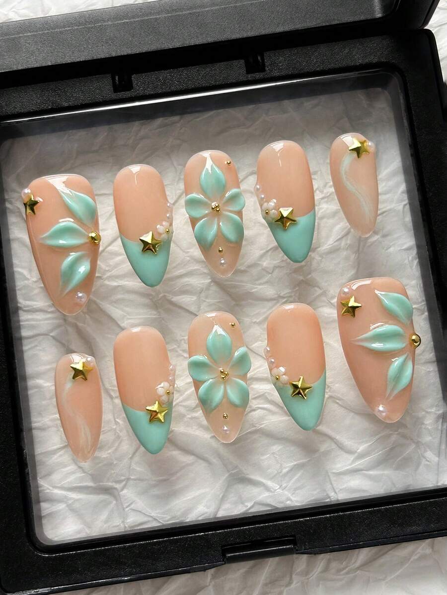 10 piezas de uñas acrílicas con forma de almendra hechas a mano, con base de color rosa nude, puntas francesas de color verde menta, con tallado floral 3D, minimalista y lindo, adecuado para niñas y mujeres para uso diario, vacaciones, boda y decoración de uñas escolares. Incluye pegamento y lima de uñas. - Multicolor - Ver 1