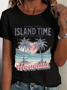 White T-Shirt With Palm Tree And Honolulu Sunset Print, Aloha Style, For Beach Vacation And Summer Casual Wear, Women's Casual Blouse - 黑色 - 查看 2