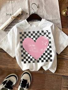 Camiseta Casual de Manga Corta para Mujer - Estampado de Corazón Rosa y Cuadros, Cuello Redondo, Ajuste Relajado Gris Claro, Lavable a Máquina, Diseño Divertido, Tela No Transparente, Top para Todas las Estaciones - Blanco - Ver 1