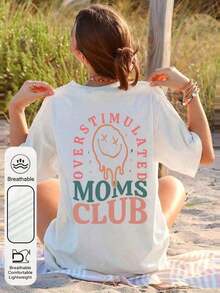 Women's Summer T-Shirts With A 'Mom Club' Graphic Print, Crew Neck, Short Sleeves, Simple Casual Style For Everyday Wear, In Black, Plus Sizes. Graphic Print T-Shirts For Mom's Birthday, Fun Prints For Mom, Women's Summer Clothes, Summer T-Shirts With Face And Letter Prints. - 白色 - 查看 2