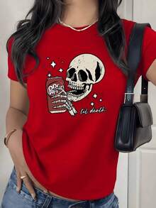 Skull And Soda Can Graphic Print T-Shirt, 180g, 1 Piece, Gothic Punk Style, Casual For Women, 100% Cotton, Vintage Streetwear Style - 紅色 - 查看 9