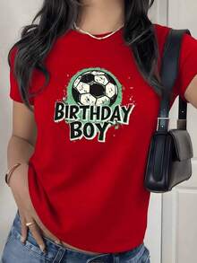 Camiseta con Estampado Gráfico de Fútbol para Cumpleaños, 180g, 1 Pieza, Camiseta Casual de Algodón 100% para Mujer, Estilo Deportivo para Vacaciones de Verano - Rojo - Ver 9
