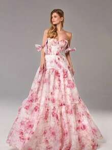 Vestido organza primavera verano sin mangas estampado hombros al descubierto lazos corte amplio elegante estilo europeo moda fiesta - Rosa - Ver 5