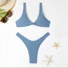 Two-Piece Solid Color Swimsuit For Girls, Sexy Bikini With Deep V-Neck And Push-Up Effect With Straps, High-End Pure And Seductive Style Swimsuit. - 藏青色純欲風bikini - 查看 9