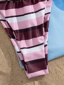 女款夏季條紋印花比基尼兩件式泳衣套裝，露背繫帶設計，高彈力面料，適合派對、音樂節、畢業季場合；女款優雅海灘泳裝；女款度假穿搭 - 彩色 - 查看 6