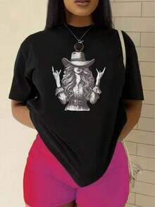 Camiseta de mujer, adecuada para el uso casual diario, con un estampado de "vaquera rockera de pelo largo", ideal para el ocio diario. - Negro - Ver 7