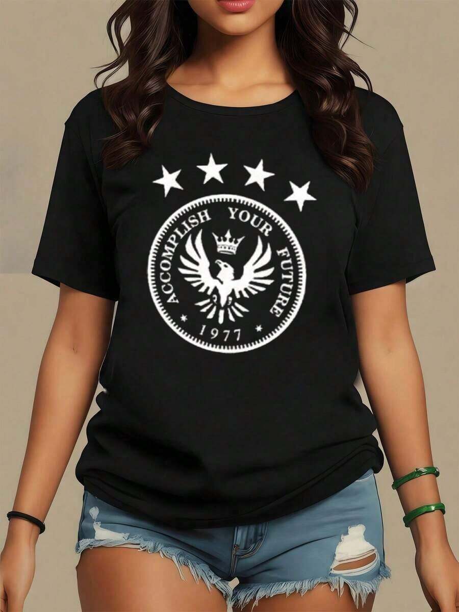 ComfortableSímbolo central de un águila coronada rodeada por estrellas que representa fuerza y logro personal inspirando a seguir metas y superar desafíos camiseta de mujer moderna confeccio - Negro - Ver 1