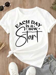 Camiseta Casual para Mujer con Estampado de Frase Motivacional "Cada Día Es un Nuevo Comienzo" para Uso Diario y Salidas - Blanco - Ver 2