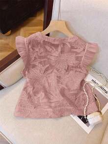Camisa de mujer con botones y mangas cortas con bordado floral, versátil - Rosa vieja - Ver 7