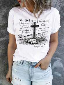 Playeras de mujer de algodón, camiseta casual de manga corta para mujer con el versículo bíblico "El Buen Pastor" de Juan, diseñada con un patrón de cruz, ideal para primavera, verano y otoño. Esta ropa de inspiración religiosa, suave y transpirable, es lavable a máquina. - Blanco - Ver 7