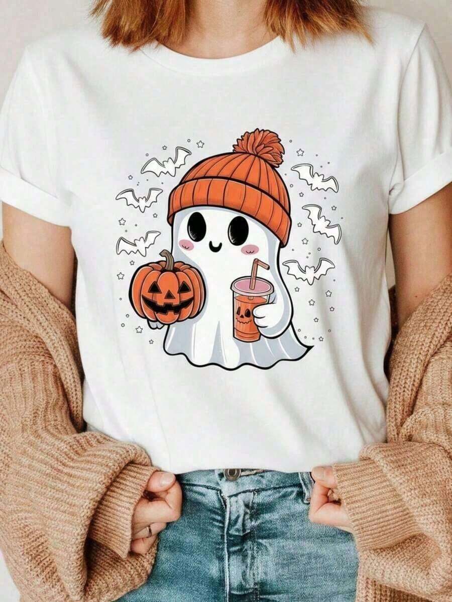 TrendyHalloween, Día de los Muertos Camiseta Gráfica de Halloween para Mujeres de Talla Grande - Estampado de Calabaza y Murciélagos, Corte Holgado con Manga Corta y Cuello Redondo, Tejido Transpirable Absorbe el Sudor, Regalo Unisex para Primavera Verano y Uso Todo el AñoEveryday Wear - Blanco - Ver 1