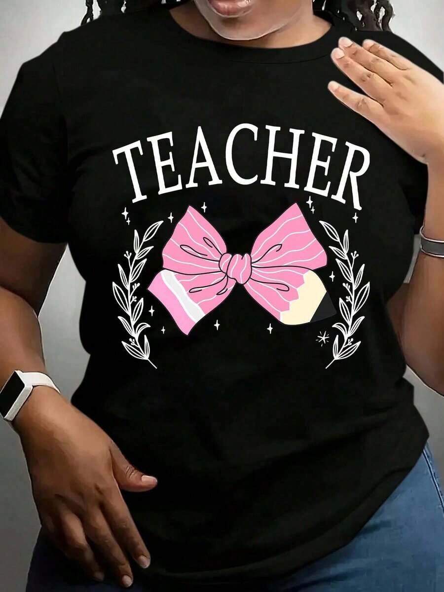 100% Cotton, Women's Plus Size T-Shirt, Teacher T-Shirt, With Pink Bow Print And Orange Blossom Garland, Ideal For Teacher's Day And School Activities. - 黑色 - 查看 1