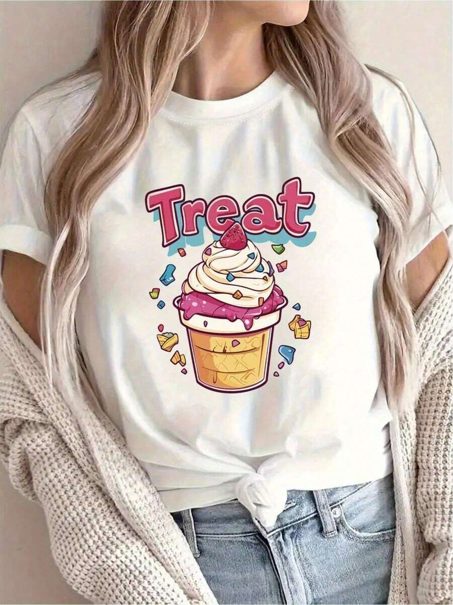 Playeras de mujer de algodón con estampado de cupcakes y postres, suaves y transpirables, de manga corta, con vibrantes diseños de dulces, cupcakes y macarons, lavables a máquina, cuello redondo, blusa casual de verano para atuendos informales. - Blanco - Ver 1