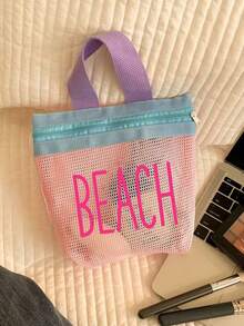 高飽和度配色網格托特包，印有「Beach」圖案的化妝收納包 - 夏季度假必備，多功能可重複使用購物袋，海灘包，旅行盥洗包，泳衣收納包，日常用品收納包。適用於海灘、度假、購物、派對、辦公室、學校，非常適合旅行紀念品、教師節禮物、開學禮物、派對小禮、節日禮物 - 彩色 - 查看 13