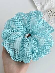 1pc New Mint Blue Double-Layer Hollow Grid Chiffon Scrunchie, Soft Hair Tie Ponytail Elastics Rubber Bands - Multicolor - View 5
