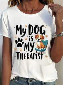 1 camiseta de cuello redondo blanca con diseño de "Mi perro es mi terapeuta" y estampado de pata de perro, ideal para uso casual y para amantes de mascotas, 180g 100% algodón. - Blanco - Ver 2