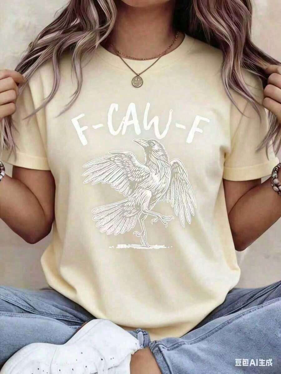 Playeras de mujer: Nueva camiseta casual de algodón para mujer, de manga corta, con un estampado de cuervo y el texto "F-CAW-F" - Ropa casual para mujer. Camiseta con Estampado de Cuervo - Camiseta Casual de Verano con un Atrevido Estampado Negro, Perfecta para Actividades al Aire Libre y Uso Casual. Ropa Deportiva para Exteriores | Camiseta con Estampado Atrevido | Ajuste cómodo, camiseta de mujer para uso diario y fiestas de Halloween. Conjunto para el Día de la Madre, Ropa de Verano para Mujer 2026, Blusas Casuales para Dama - Albaricoque - Ver 1