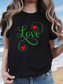 Camiseta de algodón puro para parejas o para conjuntos de estilo dulce de uso diario, con estampado floral verde de "Love", camiseta de mujer moderna y casual de cuello redondo para primavera-verano, adecuada para salidas animadas, actividades al aire libre, desplazamientos diarios, ropa versátil y elegante. - Negro - Ver 6