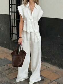 Just Masa Women's Elegant Solid Color Cotton 2-Piece Summer Casual Set, Includes Loose Short Sleeve Roll-Neck Blouse And Wide Leg Pants With Elastic Waistband, Suitable For Vacation, Travel, Work, Dates, Beach And Daily Wear - 黑色 - 查看 7