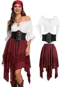 Medieval Women's Large Hem Halloween Renaissance Contrast Lace Dress Asymmetrical Pointed Fairy Pirate Costume Women's Pirate Outfit Halloween Fall - Burgundy - View 9