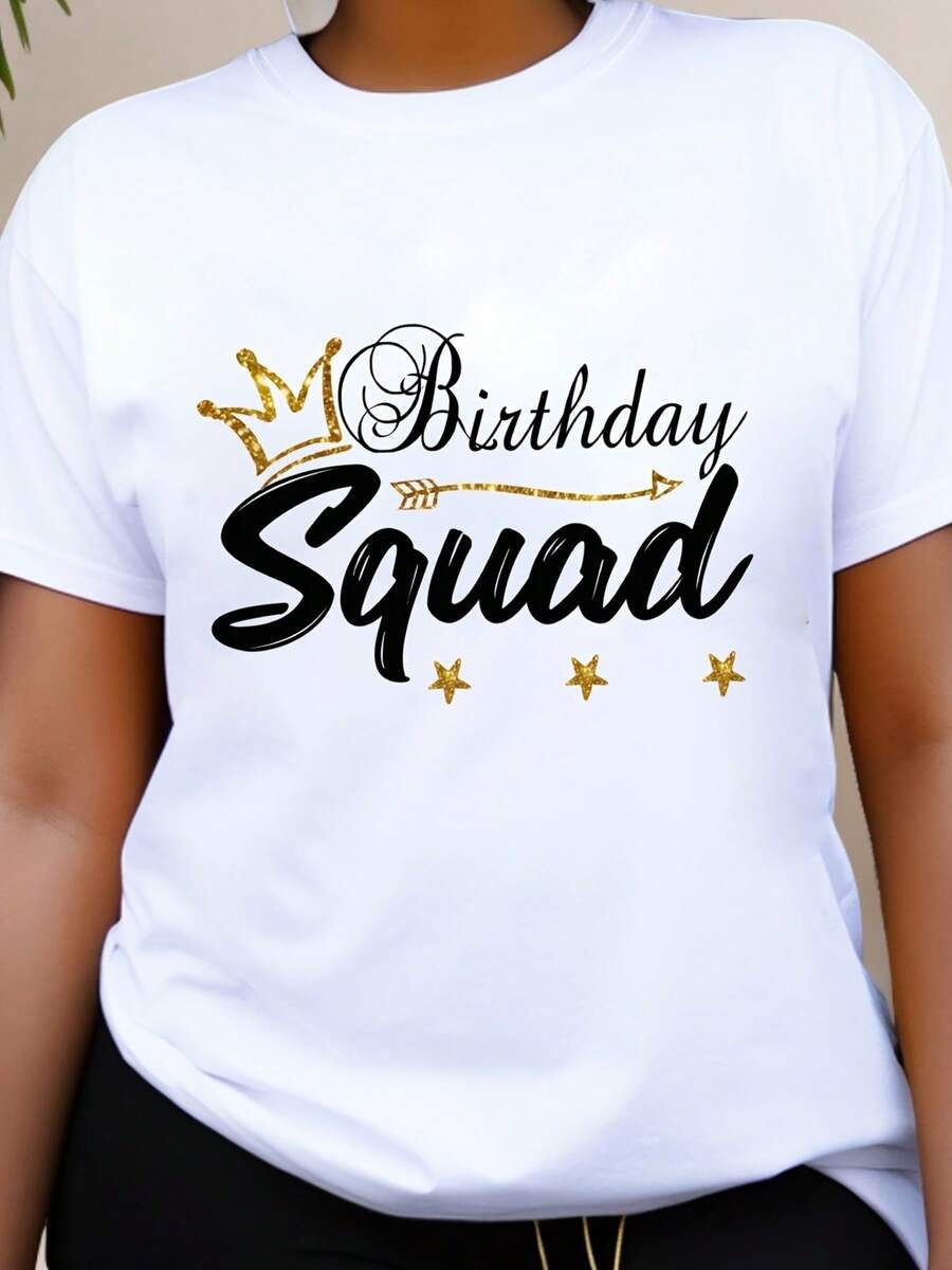 Conjunto para Mujer: Camiseta de Cumpleaños con Estampado de Letras "Birthday Squad" y Corona - Suave, Transpirable y Casual con Cuello Redondo - Ideal para Verano, Primavera y Atuendos de Cumpleaños - Perfecta para Ropa de Día y Casual - Blanco - Ver 1