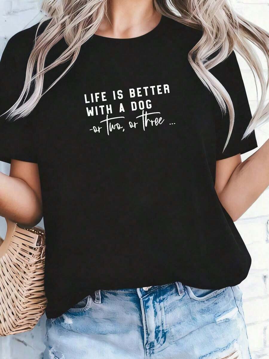 Camiseta Casual: La Vida Es Mejor Con Un Perro, Dos O Tres - Negro - Ver 1