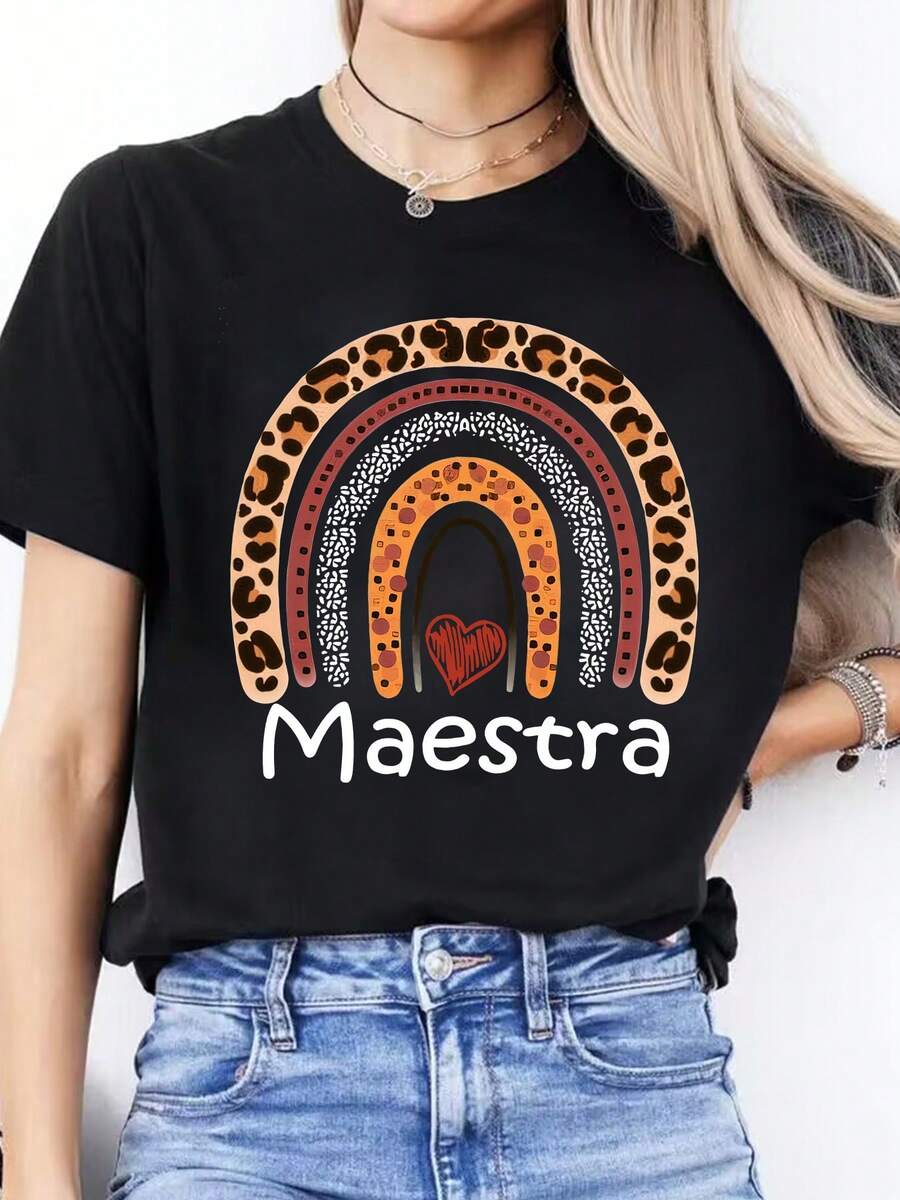 Camiseta Casual de Primavera Verano con Estampado de Letras en Español, Cuello Redondo, Manga Corta, Camiseta Deportiva, Top para Mujeres - Negro - Ver 1