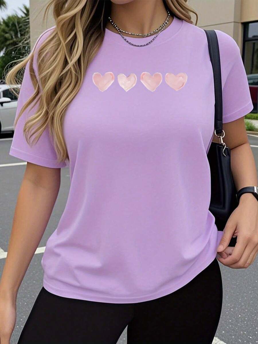 Women's Short-Sleeved T-Shirt, Y2K Style, Simple And Elegant, With A Round Neck, Casual Workout Wear, Sporty And Modern Design With An Artistic Heart Print. AXYF - 燻衣草淡紫 - 查看 1