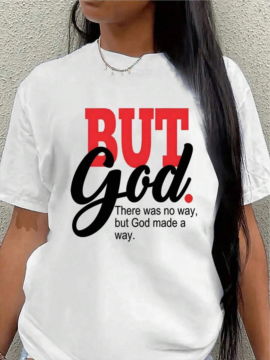 Polyester Short-Sleeved T-Shirt, Printed With The Inspirational Quote "But God", Lightweight And Durable, Suitable For Everyday Wear, Whether At Home, At Church Or For Casual Outings, Unisex And Comfortable Fit. - 白色 - 查看 1