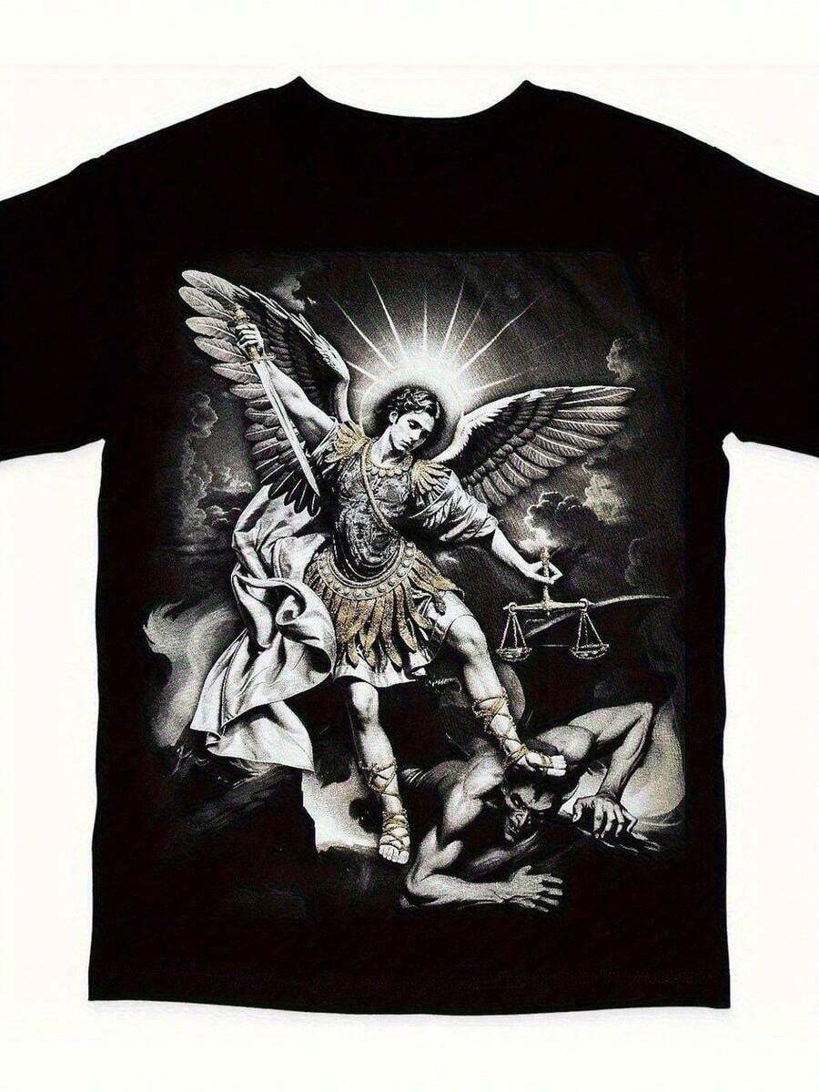 Erzengel Michael besiegt Satan-Shirt - Schwarzes religiöses Kampfkunst-Grafik-T-Shirt, lässiges Kurzarm-Rundhals-Shirt mit dramatischem Michael- & Satan-Aufdruck, lockerer Schnitt, für Kirchenveranstaltungen & Freizeitkleidung, Western-Grafik-T-Shirts, Herrenbekleidung, Camisas Para Hombre, Grafik-T-Shirts, Damenbekleidung, Sommer-Oberteile, Sommerkleidung, Grafik-T-Shirts - Schwarz - Übersicht 1