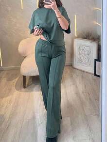 Conjunto deportivo de verano de 2 piezas para mujer Vaiaye, top de manga corta y pantalón ancho de chándal para gimnasio, streetwear, playa y vacaciones - Verde - Ver 7