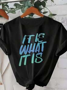 Casual, Women's Casual One-Piece T-Shirt With Round Neck, "It Is What It Is" Letter Print, Short Sleeve, Spring/Summer Style, Pure Cotton, Women's Summer T-Shirts, Round Neck, Soft, Fitted, Casual, Short Sleeve For Women. - 黑色 - 查看 7