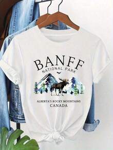 Camiseta Casual de Manga Corta con Cuello Redondo, Clásica Blanca Básica de Verano para Mujer, Estampado de Texto del Parque Nacional Banff Montañas Rocosas, Top Suave Estilo Y2K para Uso Diario para Mujeres - Blanco - Ver 1