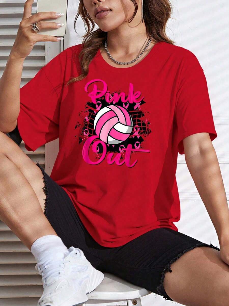 Soft, Breathable, And Lightweight For All-Day Comfort. In October, We Wear Pink T-Shirts To Support Breast Cancer Prevention And Treatment. The Highlight Is The Women's Red Printed T-Shirt With A "Punk Out" Volleyball Design. This Casual Short-Sleeve Tee Is Perfect For Enthusiasts And Fans. It Features A Classic Crew Neck With A Relaxed Fit That Flatters All Body Types And Is Easy To Pair With Jeans, Shorts, And Leggings. - 紅色 - 查看 1