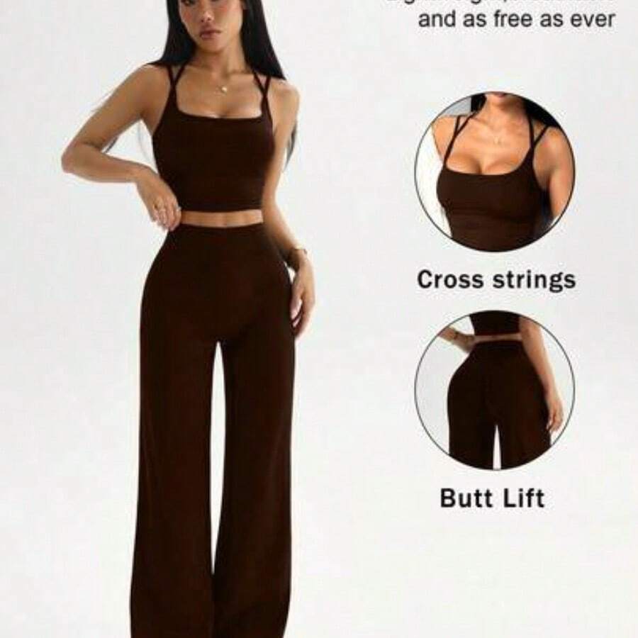 Yunuo Menswear Dewbera Conjunto de top corto de tirantes y leggings de cintura alta de unicolor para mujer, para uso diario, yoga y deporte - Marrón - Ver 1