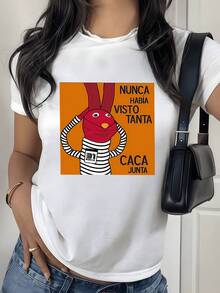 Camiseta para mujer con diseño de conejo rojo con bufanda a rayas y fondo naranja, que transmite un humor sarcástico y una actitud divertida, ideal para mujeres con personalidad auténtica. - Negro - Ver 6