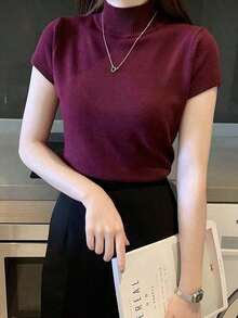 Camiseta de mujer de cuello medio-alto, top casual, estilo coreano de moda en color liso, para la temporada de primavera-verano - Albaricoque - Ver 9