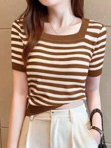 Blusa casual de punto de mangas cortas y cuello cuadrado a rayas para mujer, otoño/invierno - Café integral - Ver 5