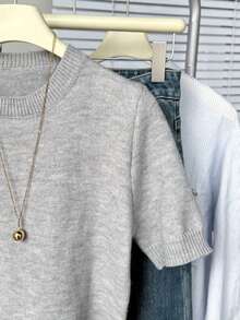 Suéter de punto de cuello redondo de manga corta para mujer, de unicolor casual para uso diario, jersey ligero minimalista y lindo, top de verano para mujer, conjunto de verano para mujer, suéter de punto de verano, top de verano adorable para mujer - Gris - Ver 4
