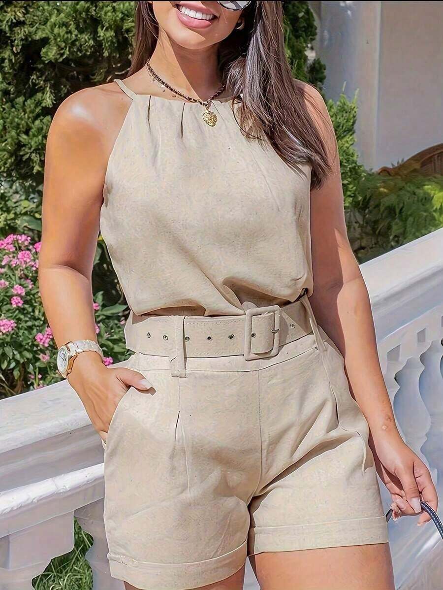 Mono casual de mujer de unicolor con bolsillo, cuello halter y pliegues - Albaricoque - Ver 1