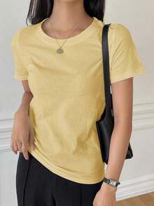 Camiseta de cuello redondo de manga corta de unicolor versátil y casual, tops estilo universitario - Amarillo - Ver 3