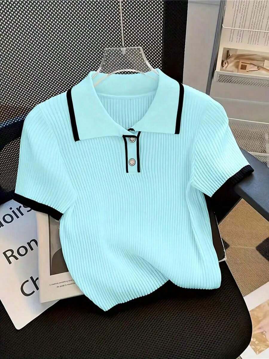 Blusa de punto de manga corta con cuello de contraste de color, adecuada para verano, primavera, otoño e invierno, elegante blusa de dama para playa y resort - Azul - Ver 1