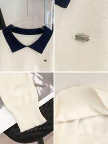 Suéter corto de estilo coreano con cuello de polo para otoño/invierno, jersey ligero, color block, manga larga, jersey de punto casual para mujer - Albaricoque - Ver 8